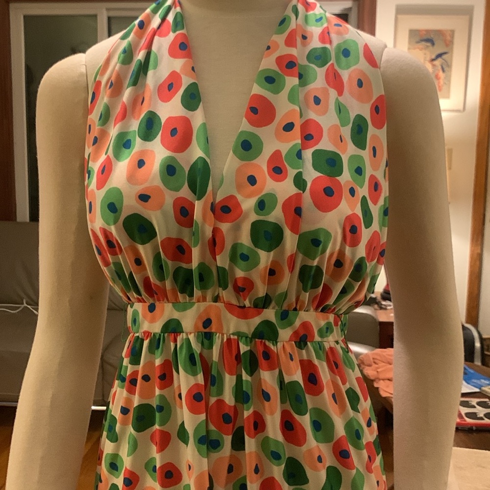 70 s OSCAR DE LA RENTA BOUTIQUE TIERED HALTER MAXI DRESS WITH ALLOVER DOTS PRINT - Picture 3 of 16